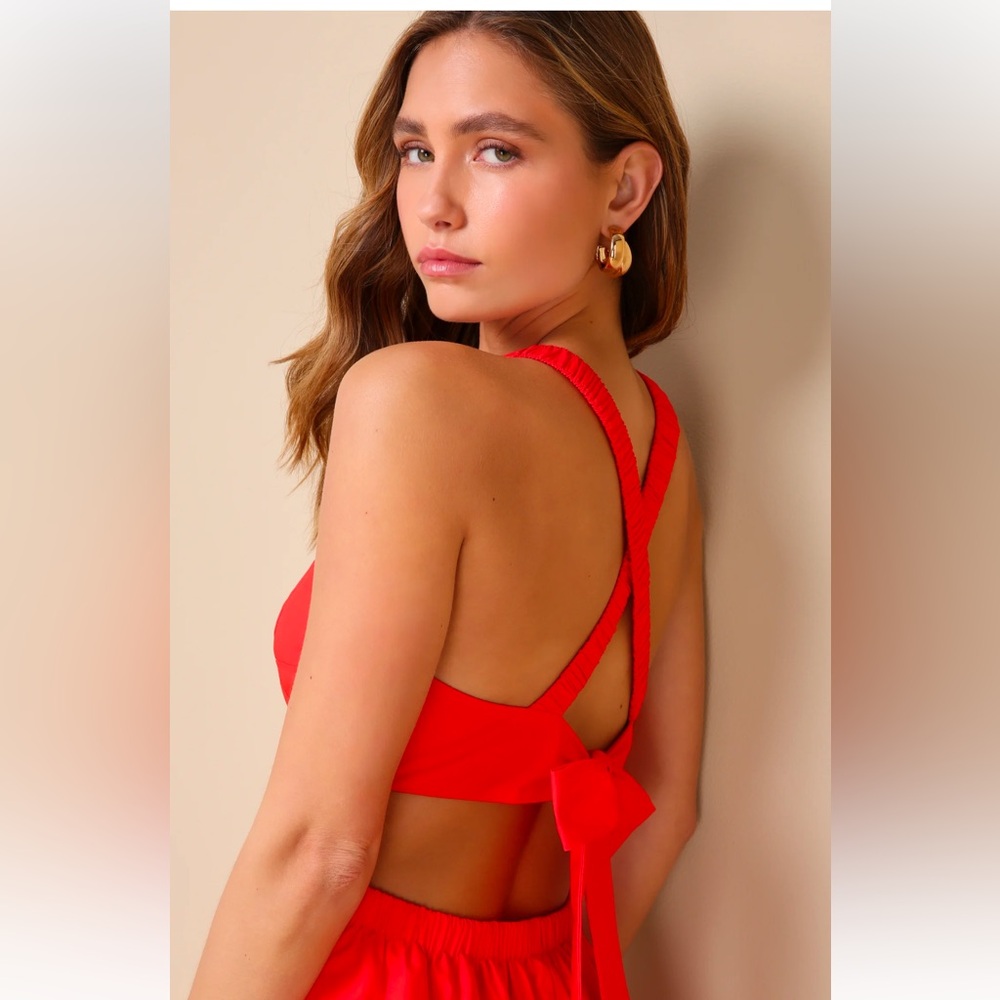 Lulus Strolling Sicily Red Pleated Backless Midi Dress With Pockets size XL - Picture 3 of 6
